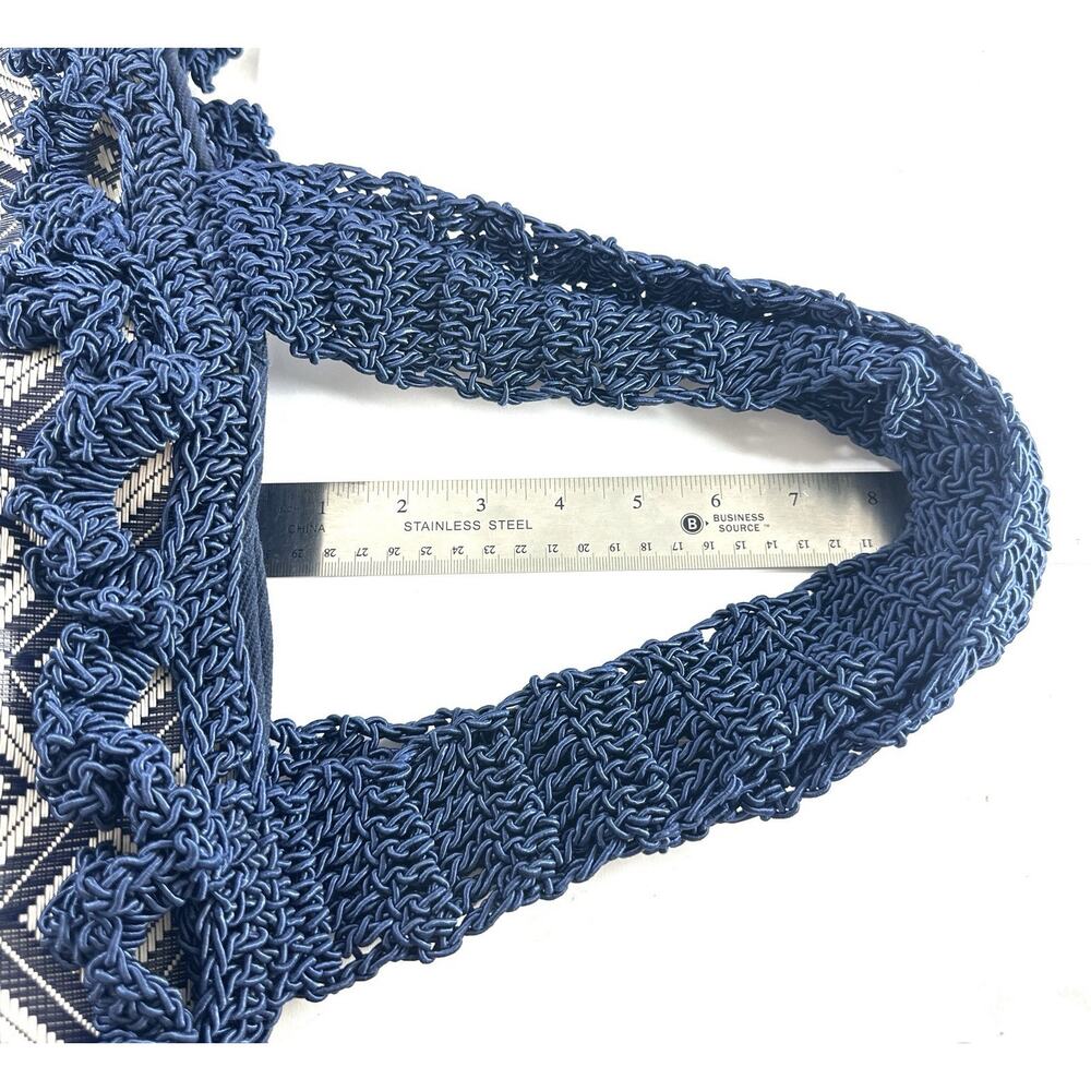 IL GIARDINO DI PIPPO Blue White Woven Tote Bag Tassel Macrame Handles Large - Picture 10 of 10